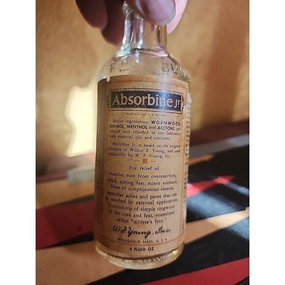 1957 Vintage ABSORBINE JR Bottle with Paper Label EMPTY USED with Cap - Picture 2 of 6